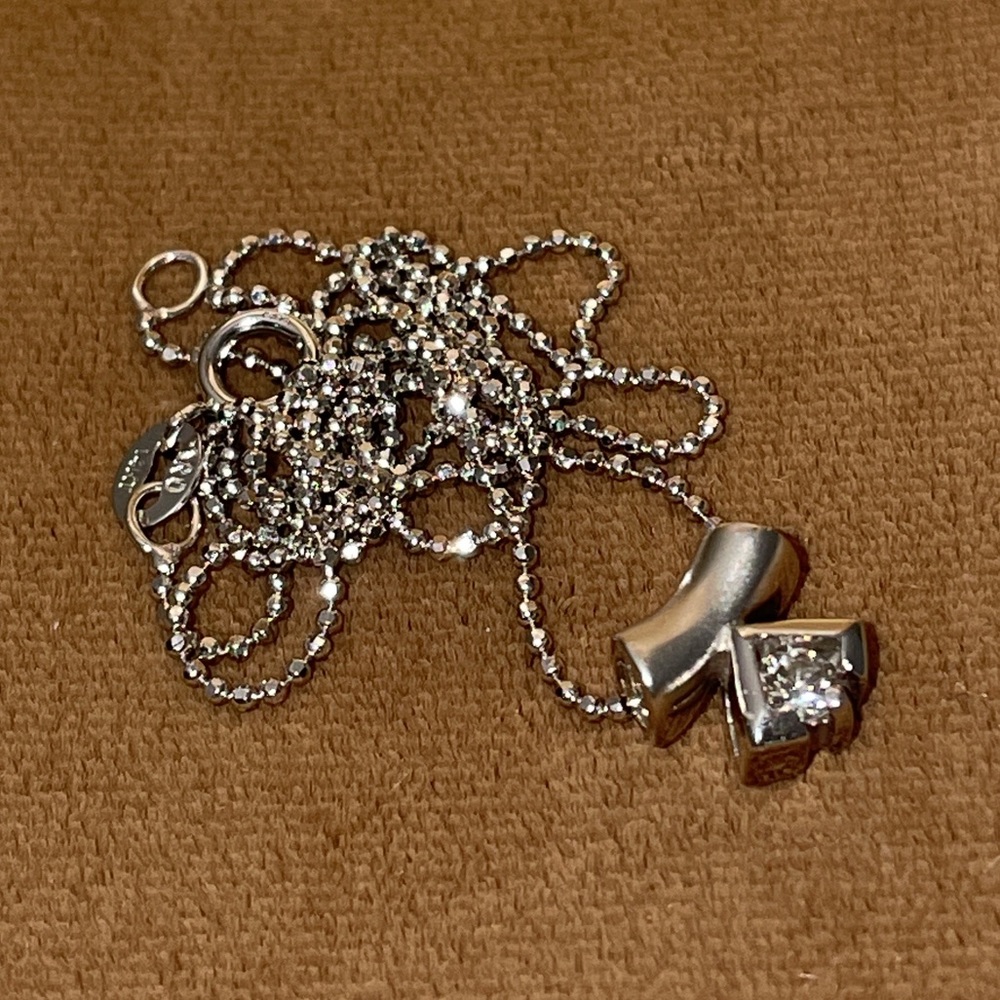Vintage Solid White Gold 18K Natural Diamond Solitaire Pendant 14K Bead Necklace - Picture 14 of 16